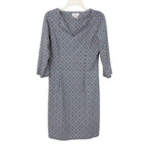 Jude Connally Split Neck Shift Dress Size M Jude Cloth 3/4 Sleeve Blue White